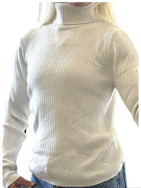 Silk Blend Turtleneck Ivory Silver Metallic Revue Sz L